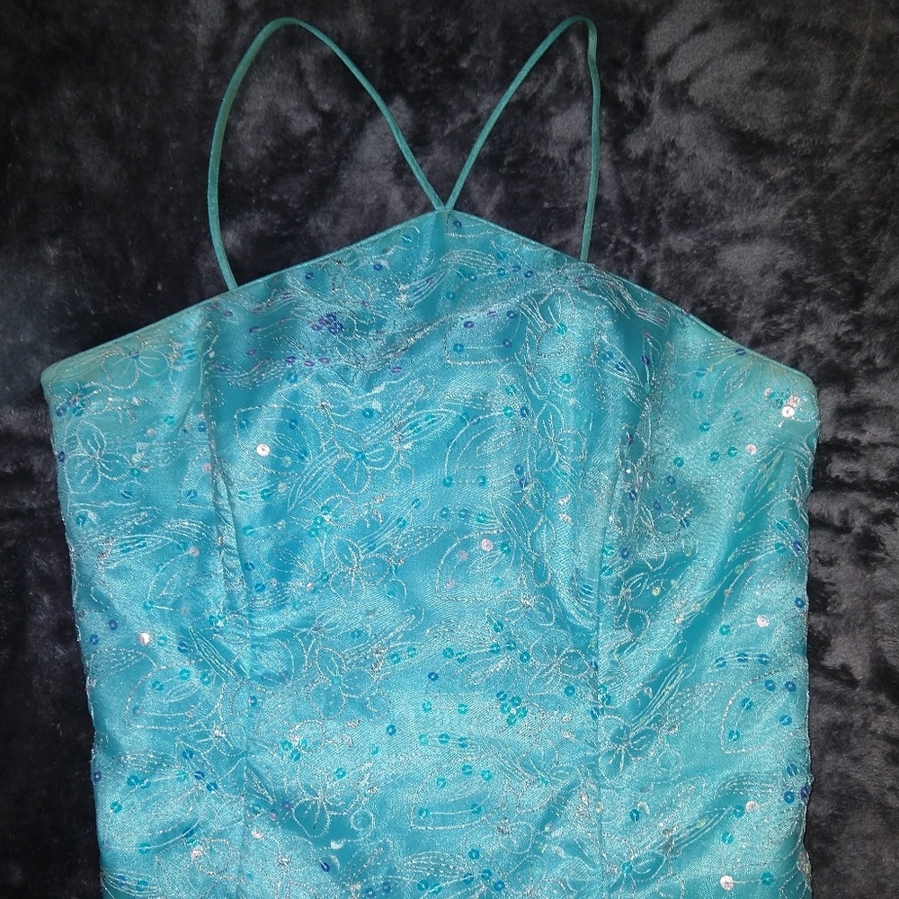 Two piece, aqua, prom dress